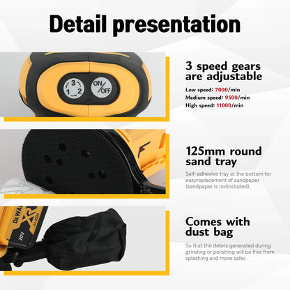 DEWALT 18V Lithium-Ion Cordless Random Orbital Sander, Rechargeable Polishing Tool for Woodworking Putty Finishing