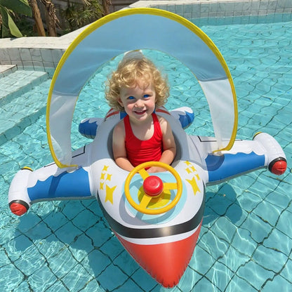 Baby Pool Float Baby Swimming Pool Floats Airplane Shape Inflatable Raft with Sun Protection Canopy Water Toys for Kids Ages 1-6