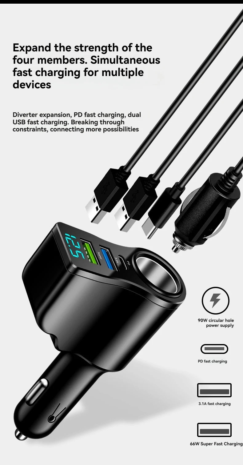 One can drag and carry four mobile phone chargers. It supports super-fast charging and has real-time voltage display.