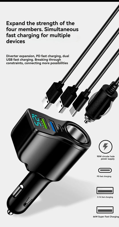 One can drag and carry four mobile phone chargers. It supports super-fast charging and has real-time voltage display.