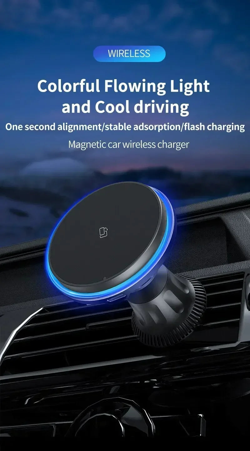 Magnetic Car Wireless Charger RGB For iPhone 13 14 15 16 17 Pro Max Macsafe Car Phone Holder Stand Mount Fast Charging Station