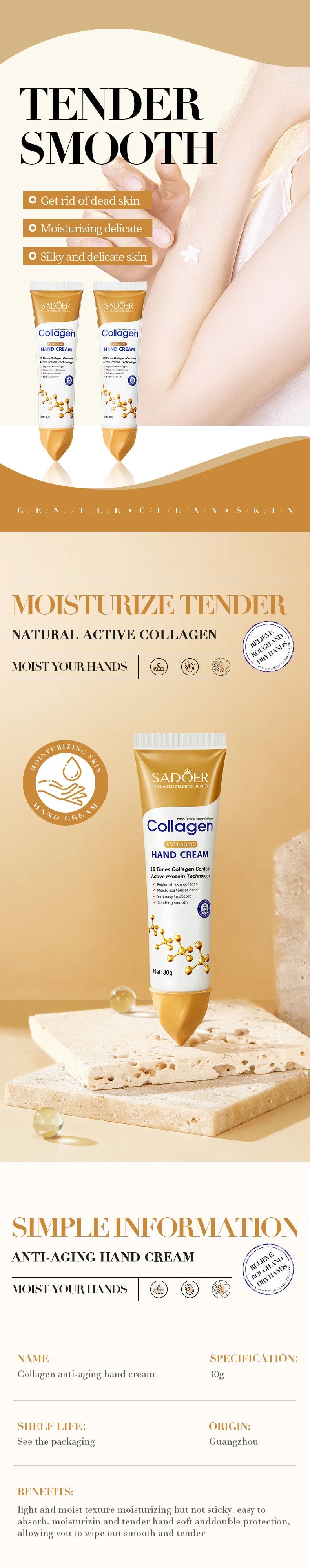 SADOER Collagen Hand Cream Hands Skin Friming skincare Moisturizing Brightening Hydrating Hands Creams Hand Skin Care Products