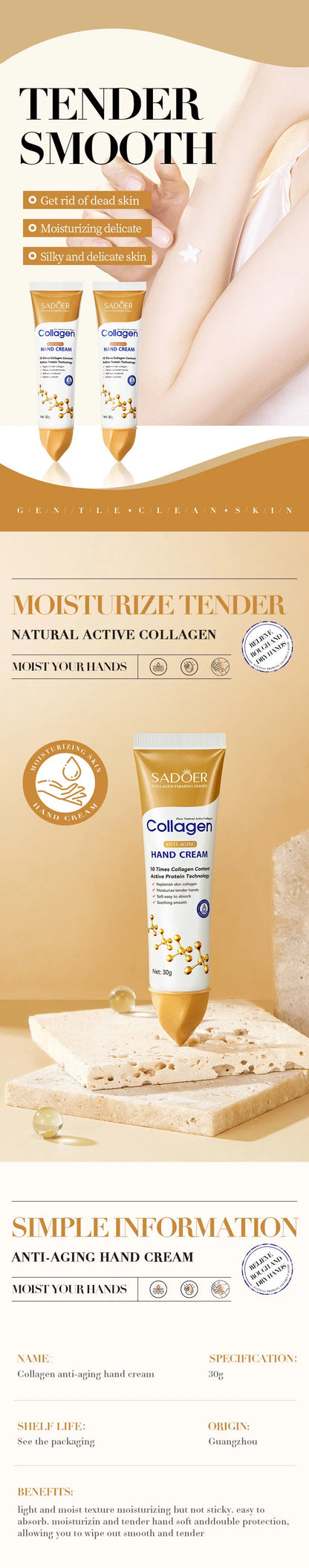 SADOER Collagen Hand Cream Hands Skin Friming skincare Moisturizing Brightening Hydrating Hands Creams Hand Skin Care Products
