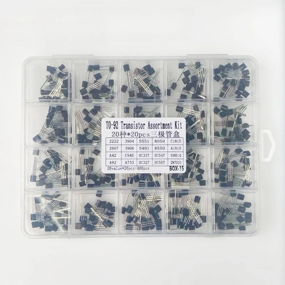 400PCS TO-92 Transistor Kit 20 Values NPN PNP 2N2222 2N3904 2N5551 2N7000 BC337 BC327 Assortment