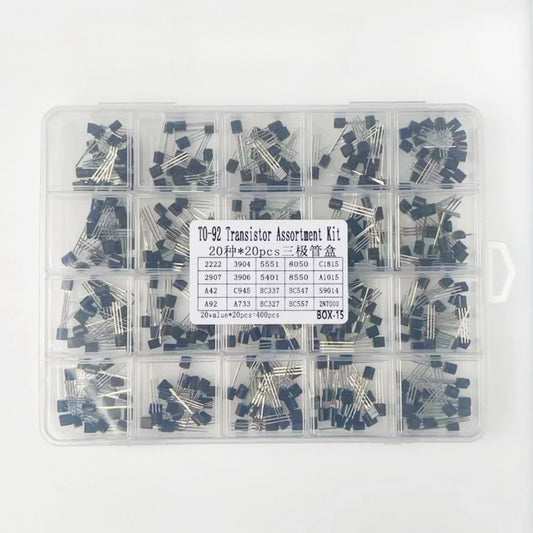 400PCS TO-92 Transistor Kit 20 Values NPN PNP 2N2222 2N3904 2N5551 2N7000 BC337 BC327 Assortment