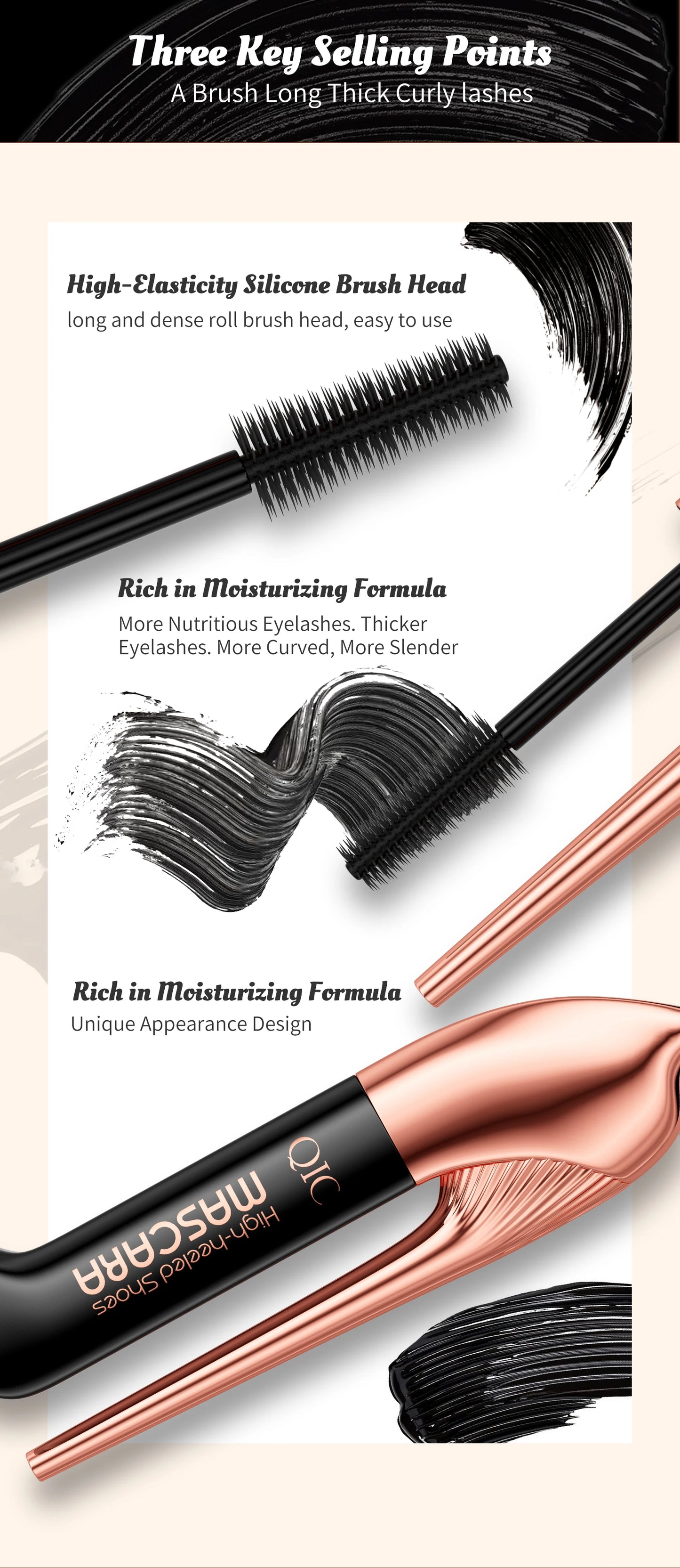QIC High-heeled Shoes Mascara 3D Fiber Mascara, Long Black Volumizing Eyelash Extension, Waterproof Eye Makeup Tool