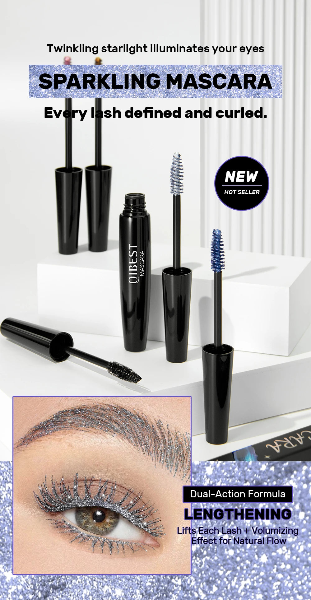 Glitter Diamond Mascara Waterproof Smudge-Proof Volumizing Lengthening Sparkling Snowflake Flake Clump-Free Lasting Party Makeup