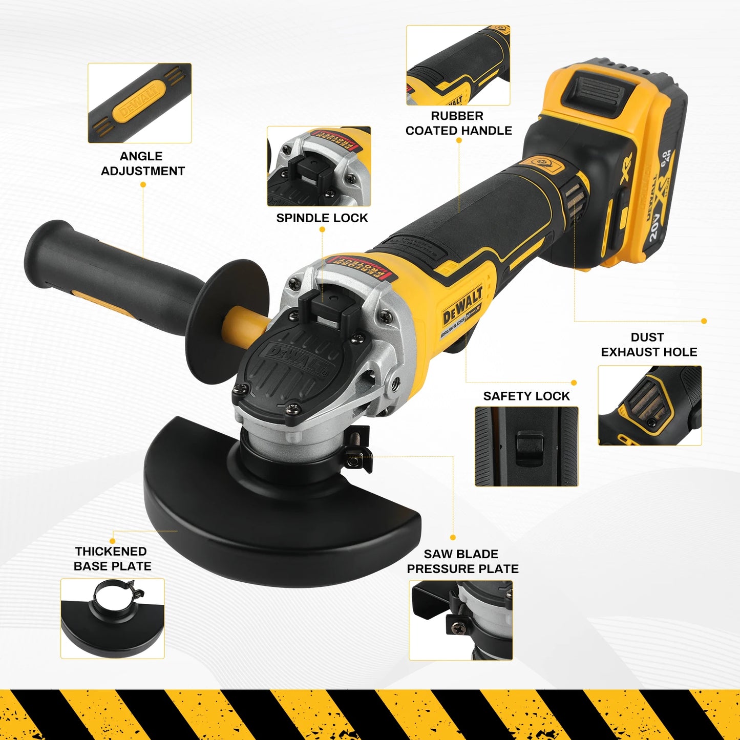 DEWALT 20V Cordless Brushless Angle Grinder,125mm 10000rpm 680W, Safety Lock & Dust Exhaust for Metal Wood Tile Cutting Grinding