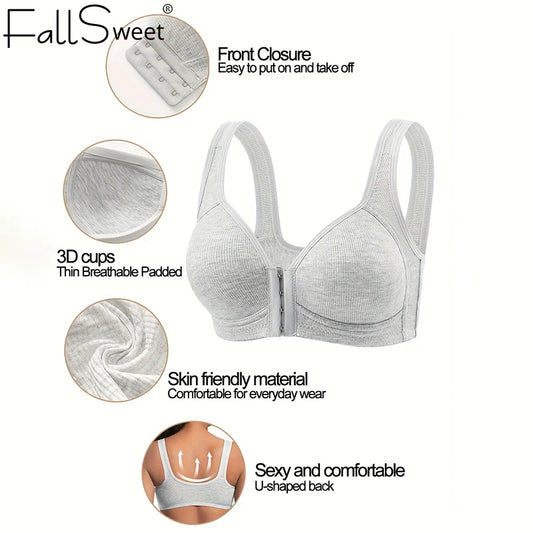 Fallsweet Seamless Front Closure Bra For Women Solid Wire-Free Push Up Bralette Full Coverage Fixed Cups Comfortable Underwear
