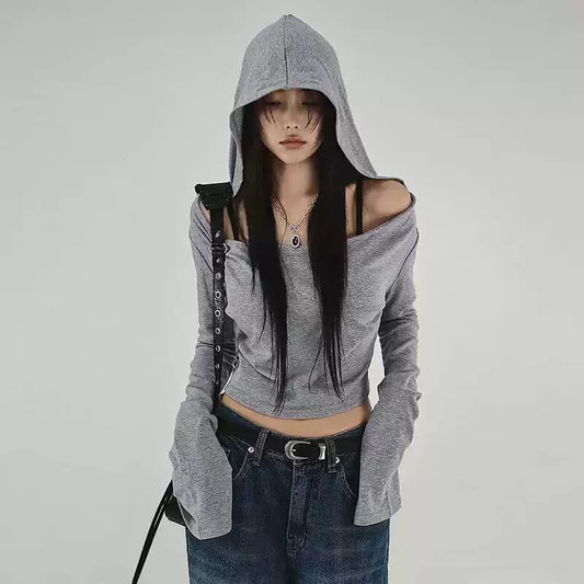 Flare Long-sleeve Hooded Crop Top Women Fall Solid Color Elastic Casual Tee Shirt Pullover Pile Collar Y2k T-shirt