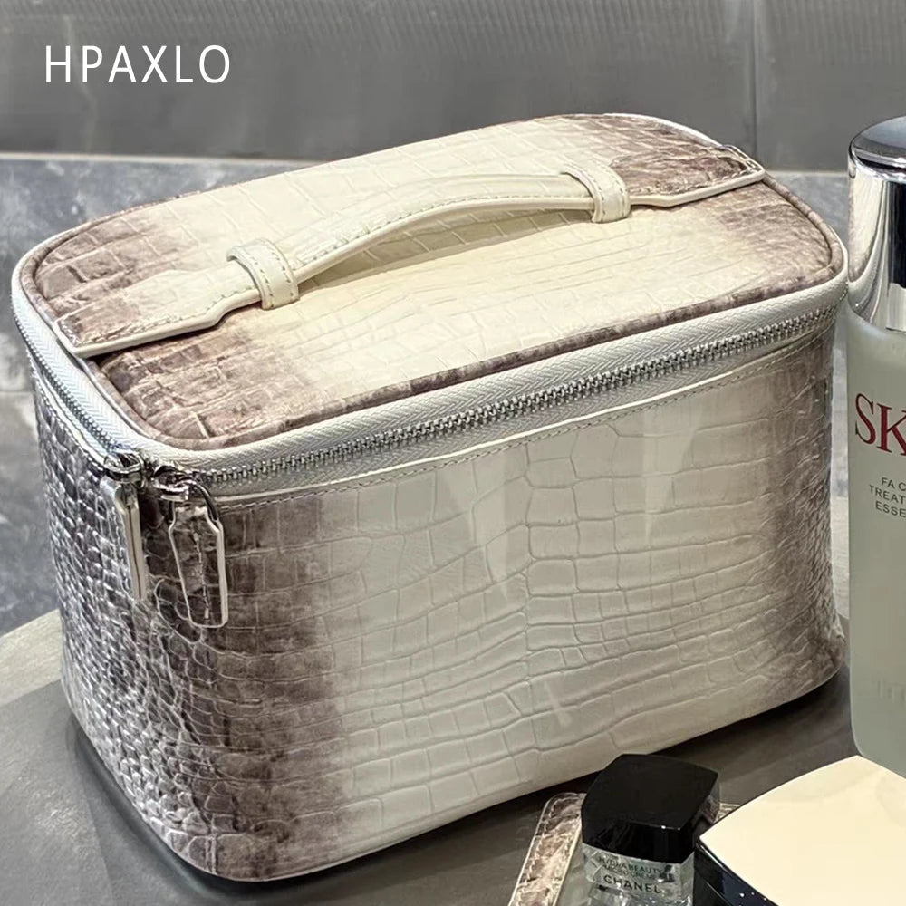 Luxury Embossed Crocodile Leather Makeup Bag Travel Toiletry Organizer Portable Cosmetic Pouch Women Storage Practical Durable