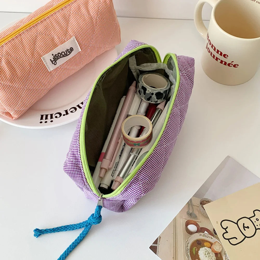 Student Color Blocking Checkered Pencil Case Girls' Stationery Bag Makeup Brush Holder Makeup Bag Women Cosmetic Bag Coin Purse