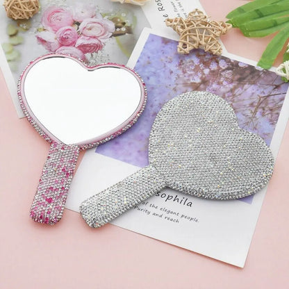 Cute Rhinestone Makeup Mirror Round Square Heart Shape Shiny Bling Cosmetic Hand Mirror Portable with Handle Handheld Mirror