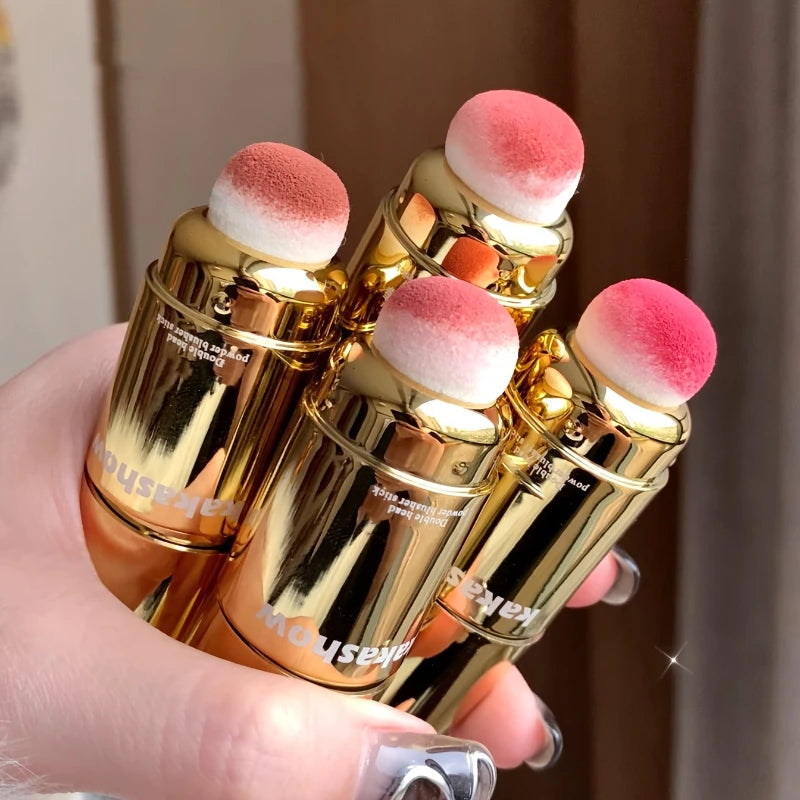 Double Head Powder Blusher Stick, Multi-use Cream Blush Stick with Sponge Tip, Long-lasting Natural Cheek Tint, Portable Makeup