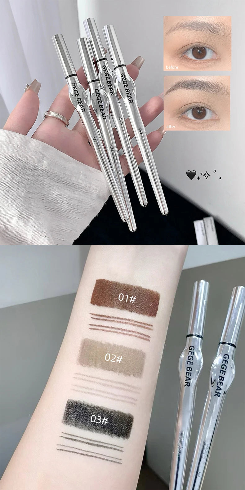 Two-Prong Eyebrow Pen For Women Gege Bear Long-lasting Natural Strokes Waterproof Anti-Sweat Non-smudged All-Day Wear Eye Makeup