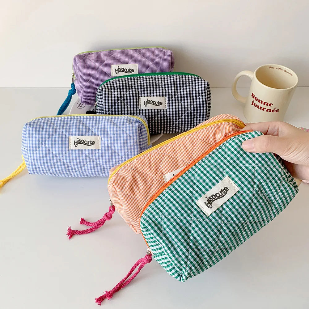 Student Color Blocking Checkered Pencil Case Girls' Stationery Bag Makeup Brush Holder Makeup Bag Women Cosmetic Bag Coin Purse