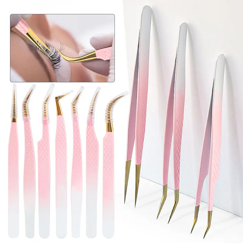 1pcs Eyelash Extension Tweezers Eyebow Clip Pink Stainless Steel Lash Lifting Tweezers Beauty Supplies Diy Makeup Tool