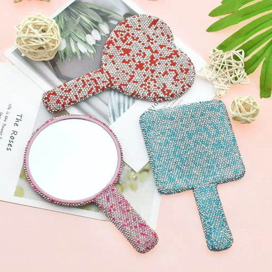 Cute Rhinestone Makeup Mirror Round Square Heart Shape Shiny Bling Cosmetic Hand Mirror Portable with Handle Handheld Mirror