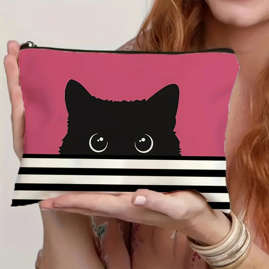 Cute Black Cat Makeup Bag - Beige Cosmetic Organizer with Non-Fading Zipper, Large Capacity Travel Toiletry Bag
