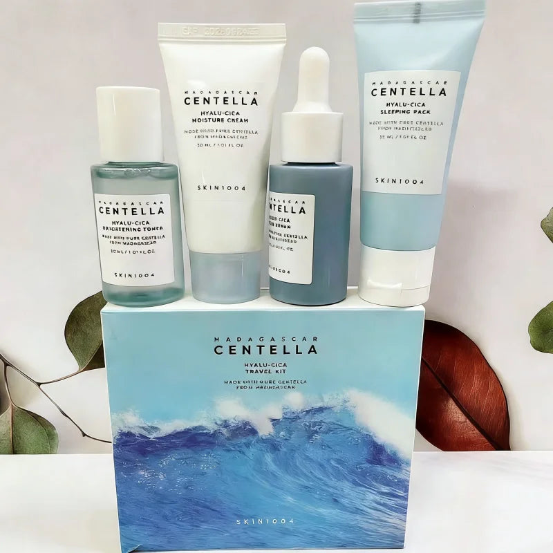 Centella HyaluCica Travel Kit,Brightening Toner, Blue Ampoule Serum,Night Sleeping Pack and Moisturizer Cream Skincare Mini Set