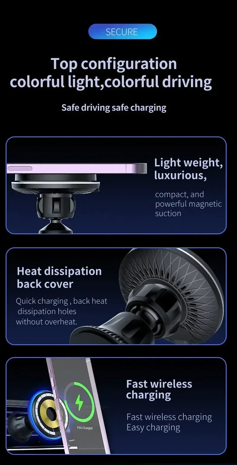 Magnetic Car Wireless Charger RGB For iPhone 13 14 15 16 17 Pro Max Macsafe Car Phone Holder Stand Mount Fast Charging Station