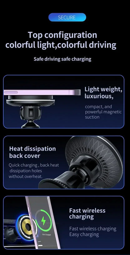Magnetic Car Wireless Charger RGB For iPhone 13 14 15 16 17 Pro Max Macsafe Car Phone Holder Stand Mount Fast Charging Station