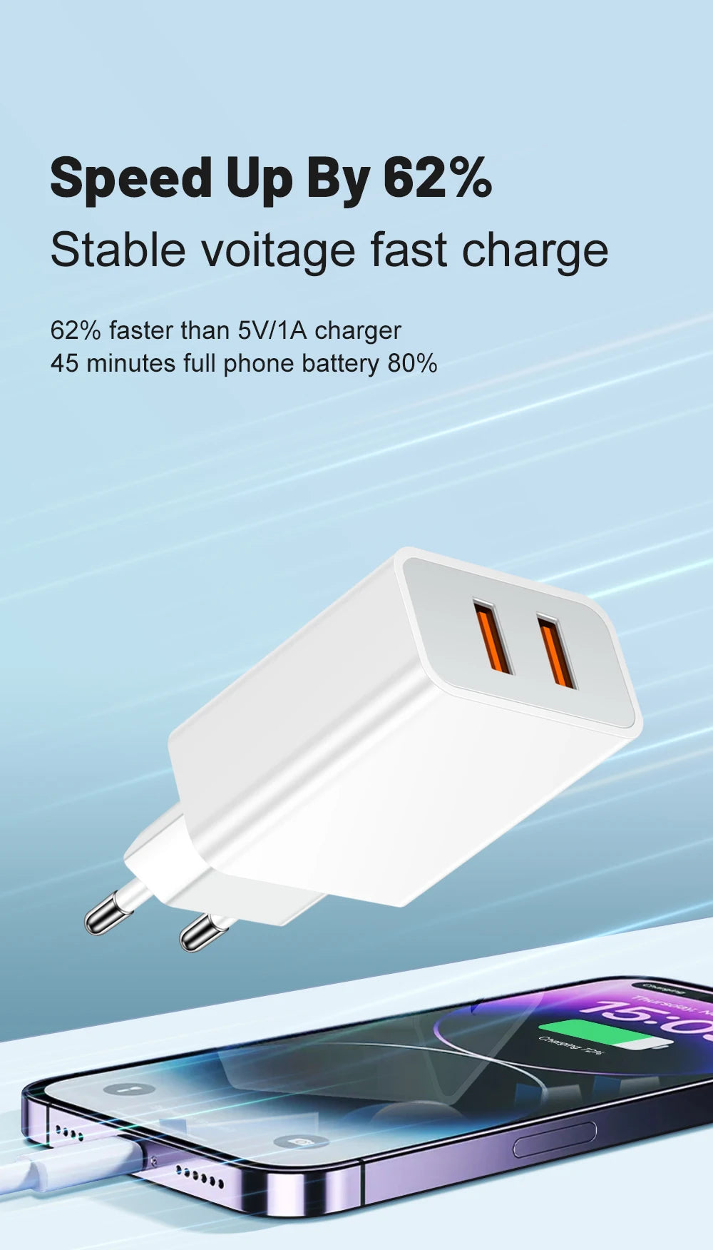 Dual USB Charger Fast Charging Adapter Portable Wall Travel Charger Mobile Phone Chargers for Oneplus Oppo iPhone Xiaomi 15 17
