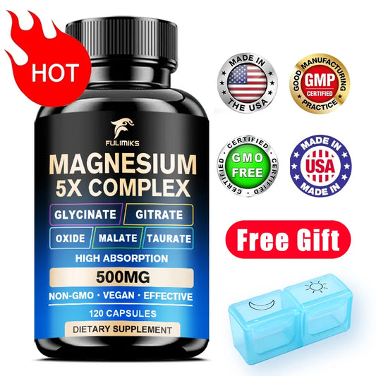 Magnesium Pills Supplement - 5 in 1 Complex, Glycinate, Citrate, Malate, Taurate, Oxide - Stress, Muscle & Heart Support