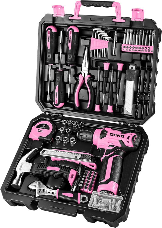 Drill Set, Home Tool Set with 8V Pink Cordless Drill, Hand Tool Kit for Women, 126 Pcs