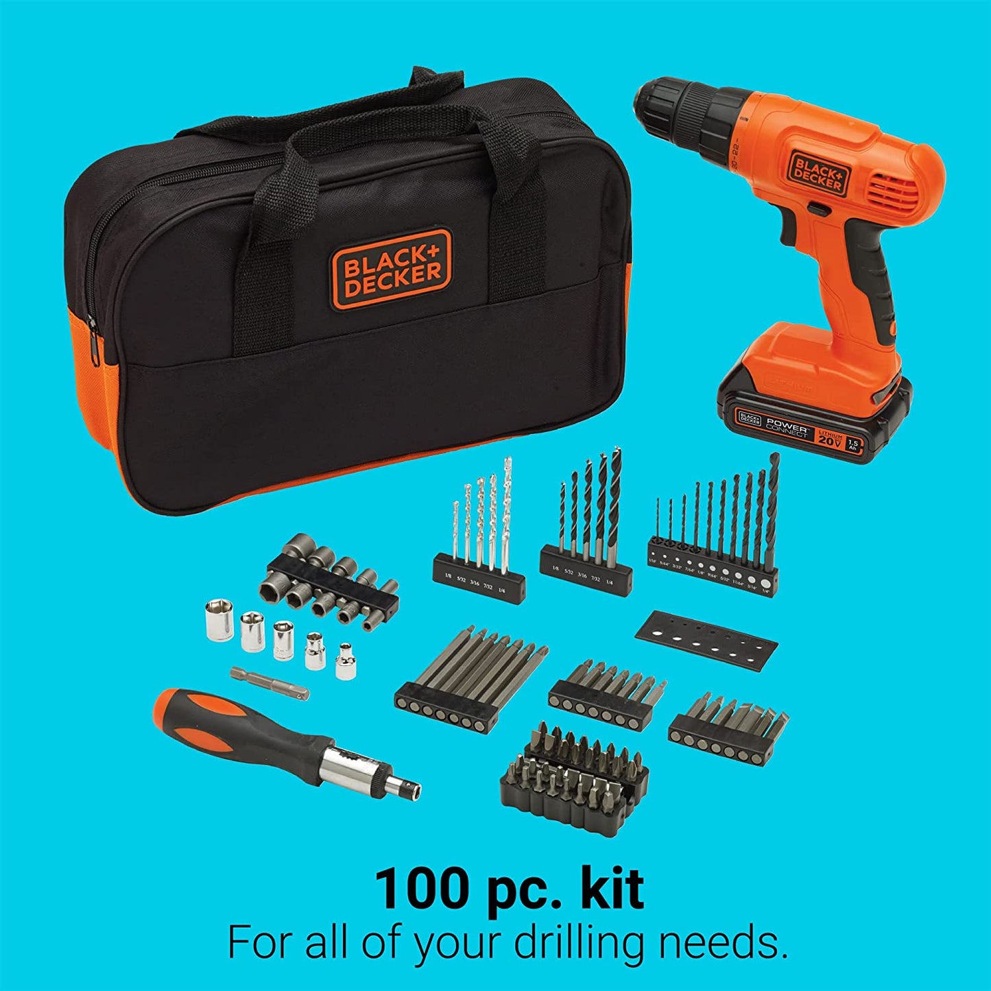 BLACK+DECKER 20V MAX* POWERCONNECT Cordless Drill Driver Kit with Drill Bit Set and Sockets, 100 Pc. Tool Kit for Home, Battery and Charger Included ,Orange (BDC120VA100)