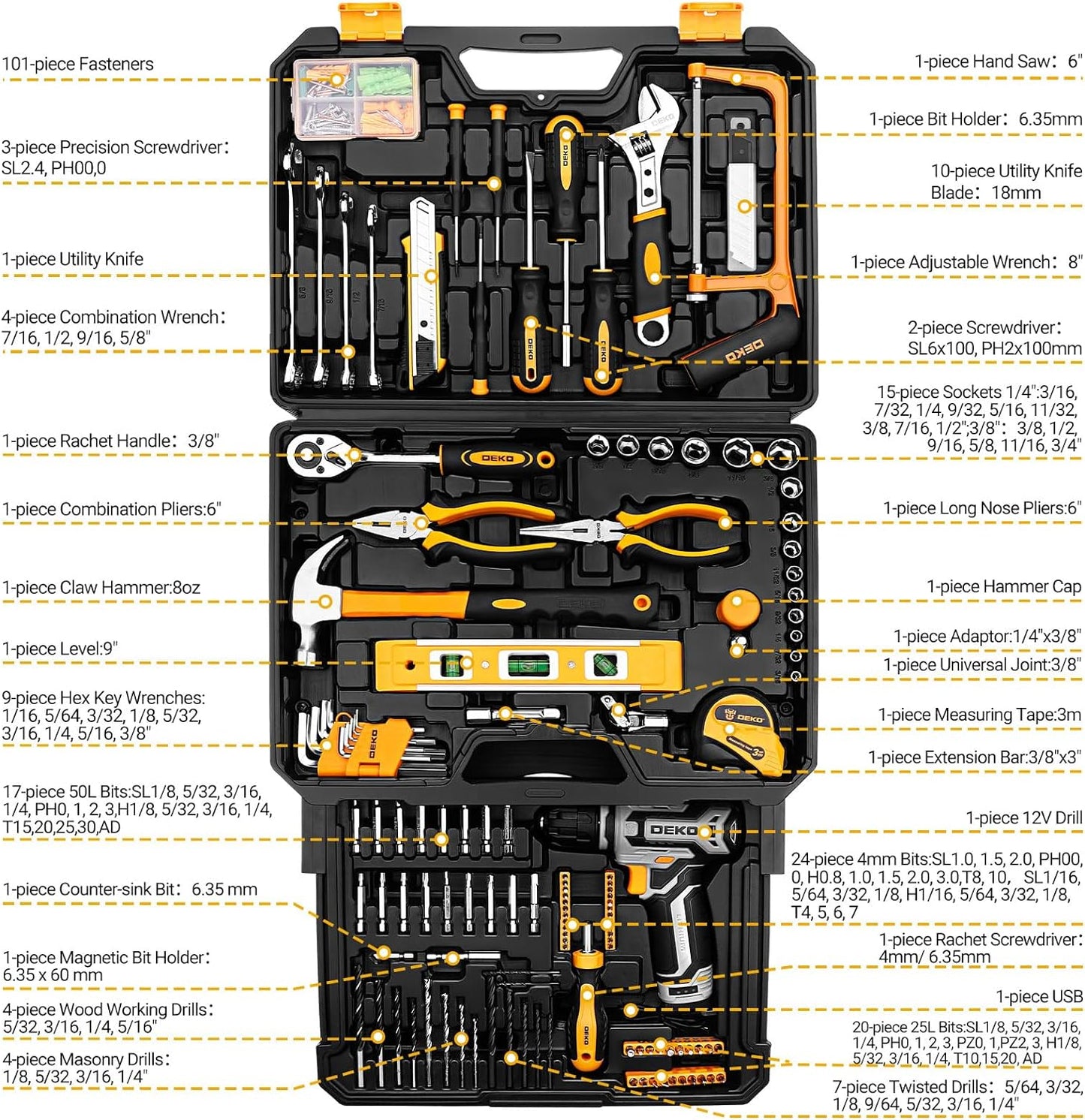Tool Kit Box Drill Set： Home Mechanic Toolbox with 12V Power Cordless Drill Hand Repair Tools Sets Combo Kits Storage Organizer Drawer Case for Men