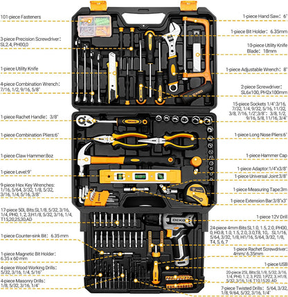 Tool Kit Box Drill Set： Home Mechanic Toolbox with 12V Power Cordless Drill Hand Repair Tools Sets Combo Kits Storage Organizer Drawer Case for Men