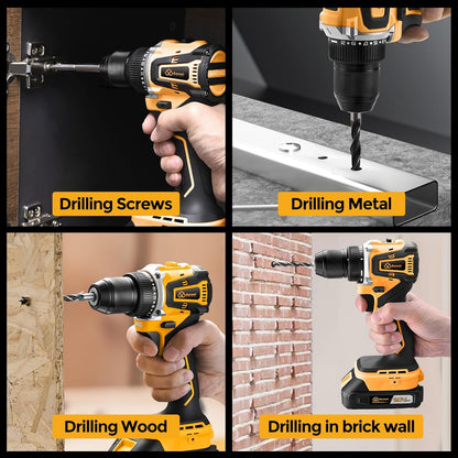 20V Brushless Cordless Drill/Driver, Compact Power Drill Set, Yellow Rechargeable Lithium-Ion Drill Kit, Including 2.0Ah Battery, Charger and 3/8-Inch Keyless Chuck
