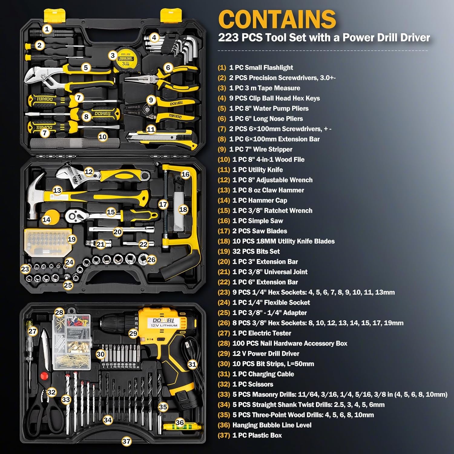223-Piece Power Drill Tool Set, 12V Cordless Drill Driver Kit with Drawer Toolbox, Socket & Bit Set, Hex Keys, Wrench for Home Renovation, DIY Projects & Garage Use