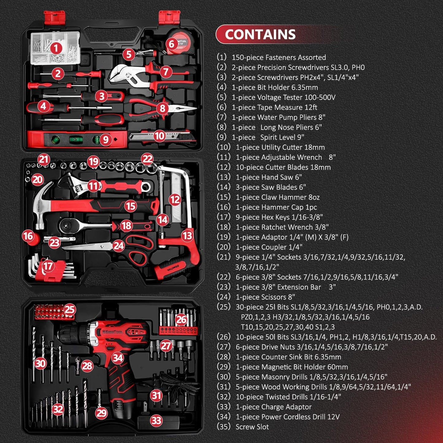 276-Piece Tool Set Kit - Tool Kit with 12V Cordless Power Drill Driver Toolbox Storage Case with Drawer, Drill Set Perfect for Homeowner, Diyer, Handyman, Fathers Day Gift