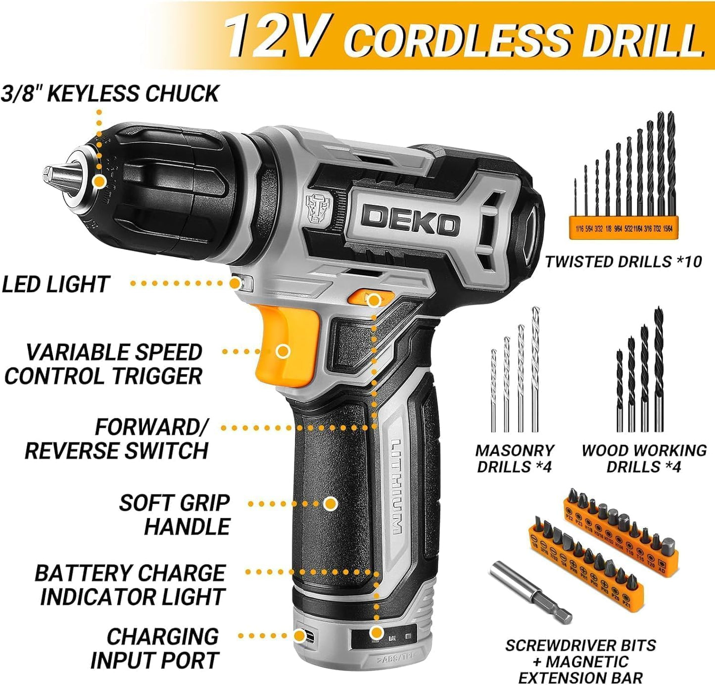 Power Drill Tool Set Kit:  Cordless Drill Tool Box with 12V Battery Electric Drill Driver for Home Hand Repair Power Tools Sets Drills Case