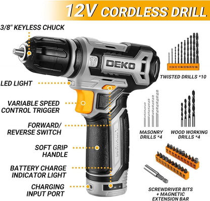 Power Drill Tool Set Kit:  Cordless Drill Tool Box with 12V Battery Electric Drill Driver for Home Hand Repair Power Tools Sets Drills Case