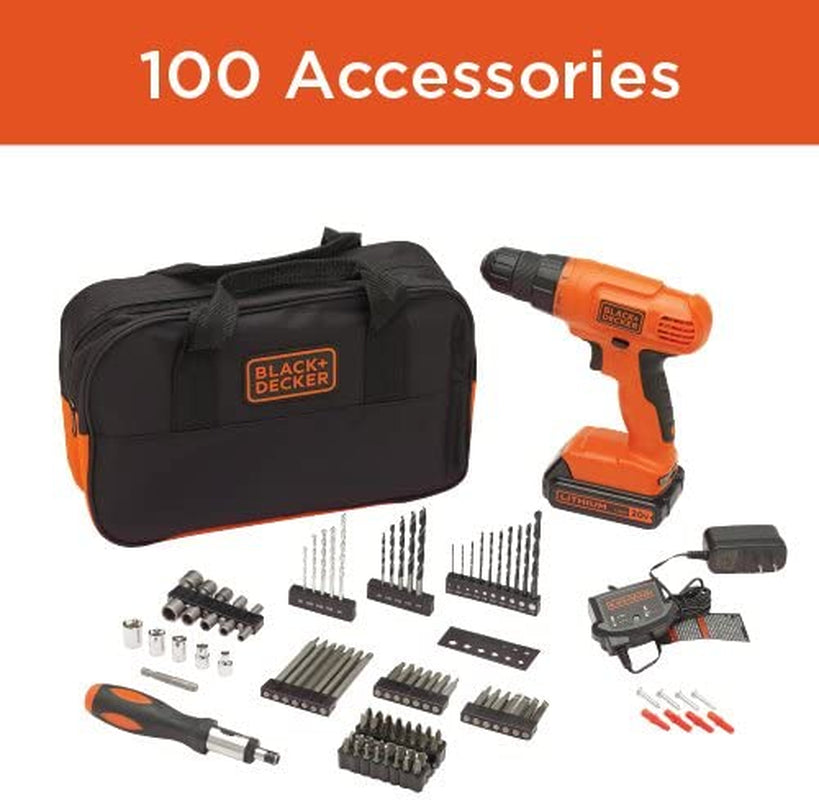 BLACK+DECKER 20V MAX* POWERCONNECT Cordless Drill Driver Kit with Drill Bit Set and Sockets, 100 Pc. Tool Kit for Home, Battery and Charger Included ,Orange (BDC120VA100)