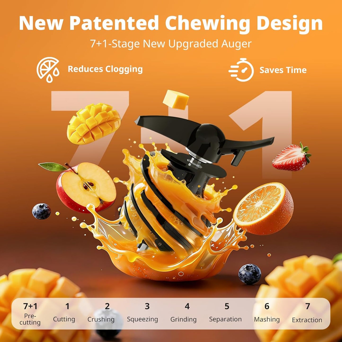 Juicer Machines, 5.8" Feed Chute Cold Press Juicer for Whole Fruit and Vegetable, 2.2 Qt Auto-Feed Time-Saver, 7+1-Stage New Upgraded Auger Slow Masticating High Yield, Easy to Clean Black